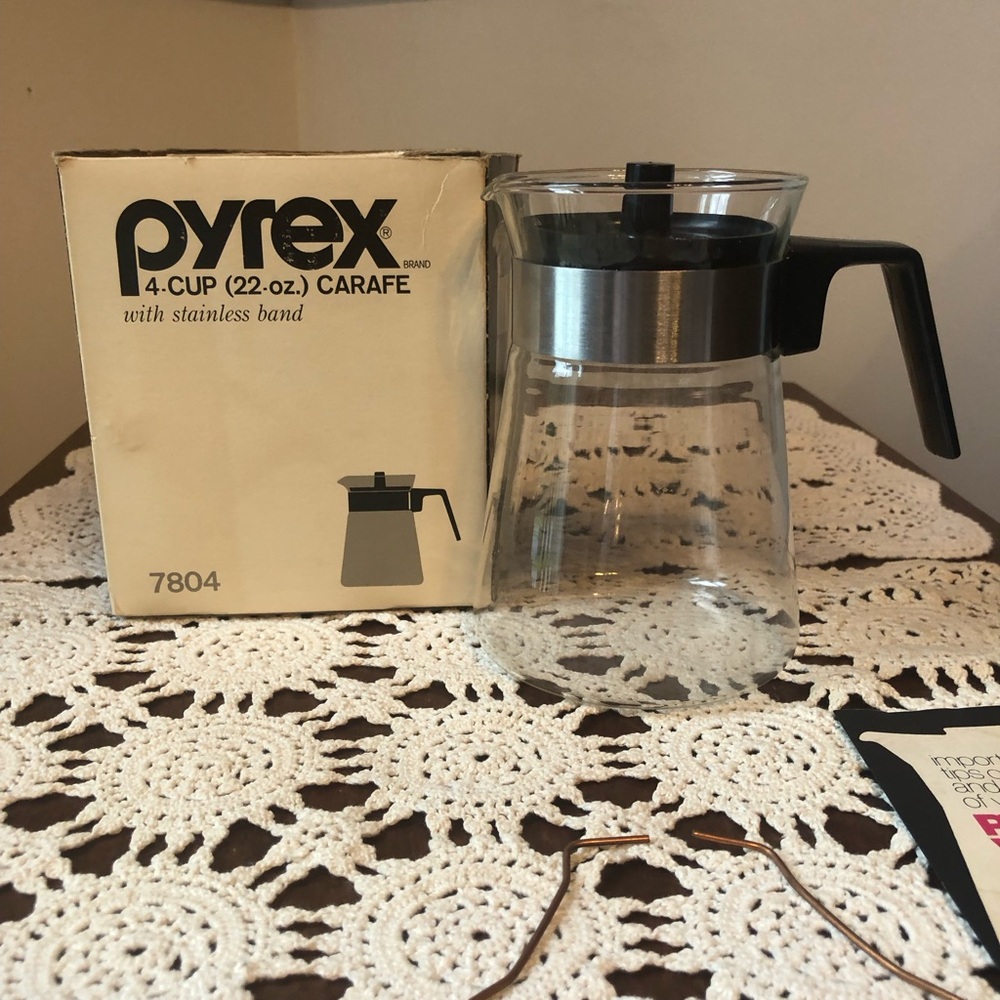 Vintage Pyrex Clear Glass 4 cup Carafe with Stainless Band Made in USA